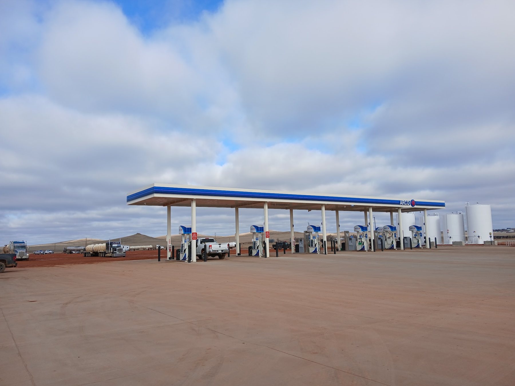 The fuel canopy and pump islands at Cowboy Station in Killdeer, North Dakota.